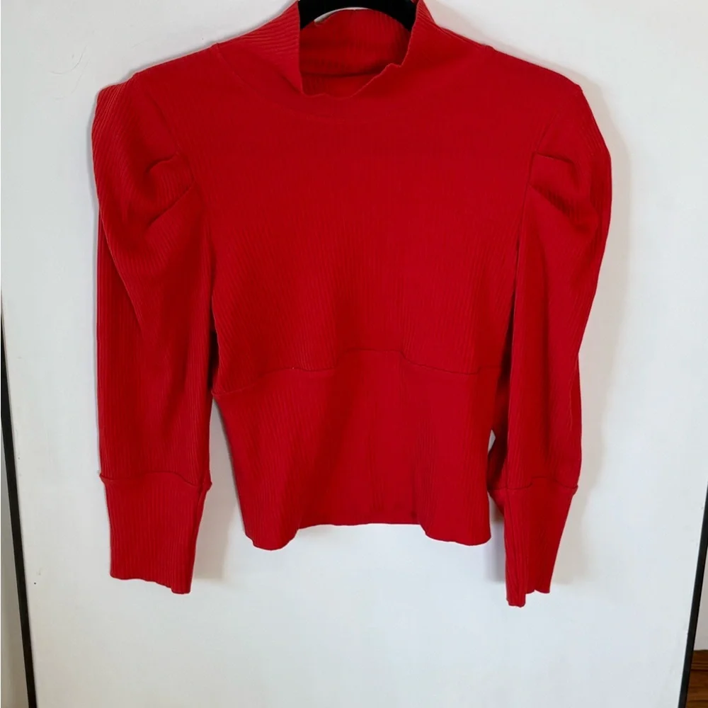 Free People Ribbed Orange Lala Puffed Sleeve Turtleneck Size L